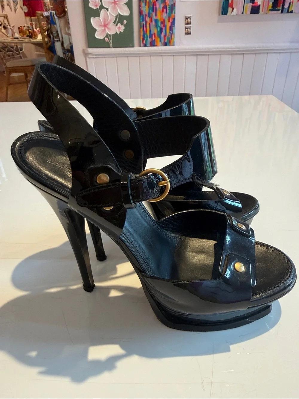 YASL Saint Laurent Black Patent Leather Stud Platform Sandals Gold Accents sz 36